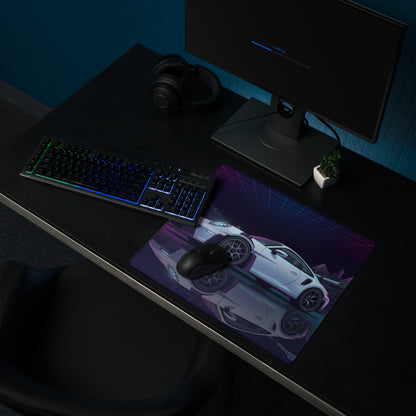 Porsche 911 GT3 RS Inspired White Vaporwave Gaming Mouse Pad – Neon Purple Grid Desk Mat with Retro Futuristic Mountains and Synthwave Racing Art