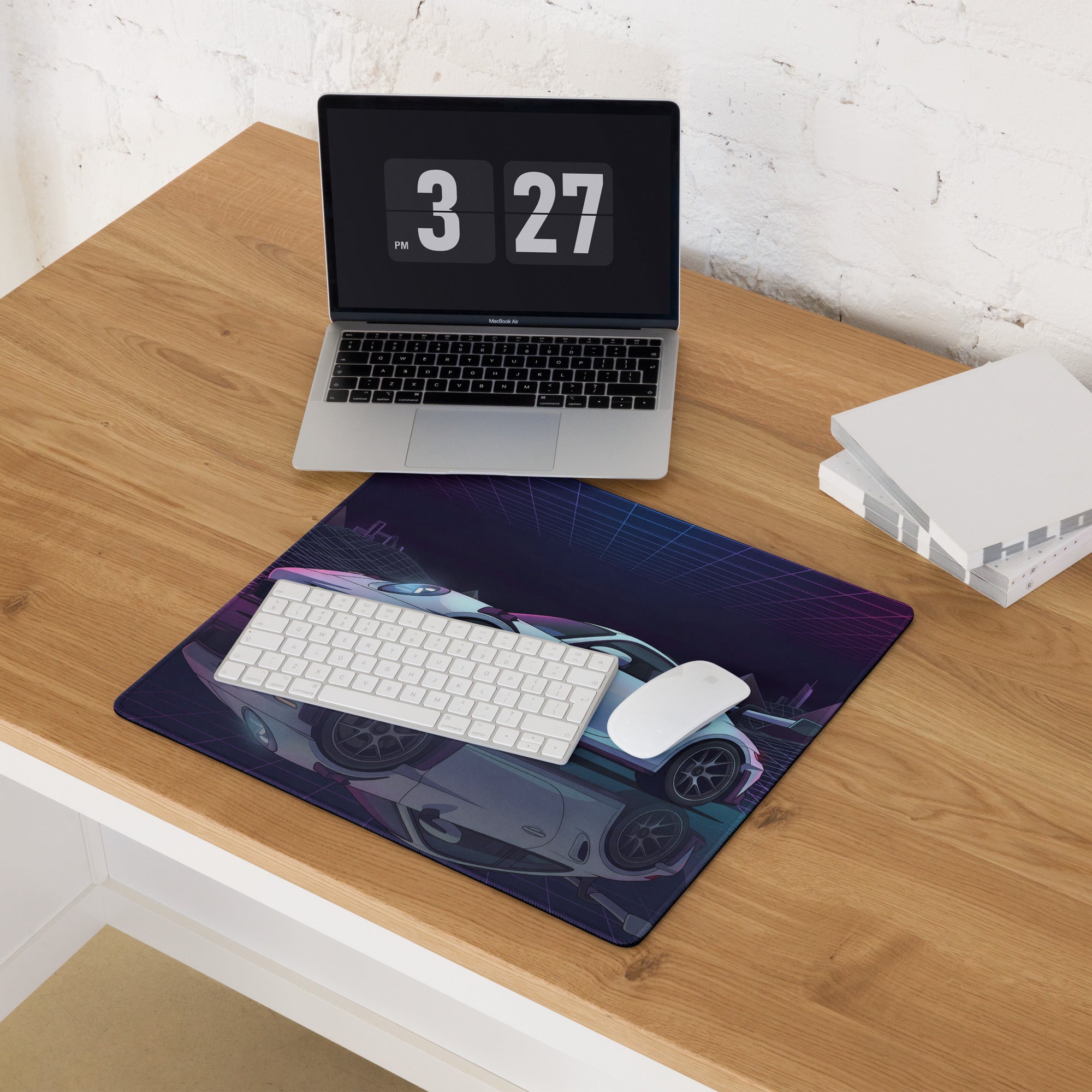 Porsche 911 GT3 RS Inspired White Vaporwave Gaming Mouse Pad – Neon Purple Grid Desk Mat with Retro Futuristic Mountains and Synthwave Racing Art