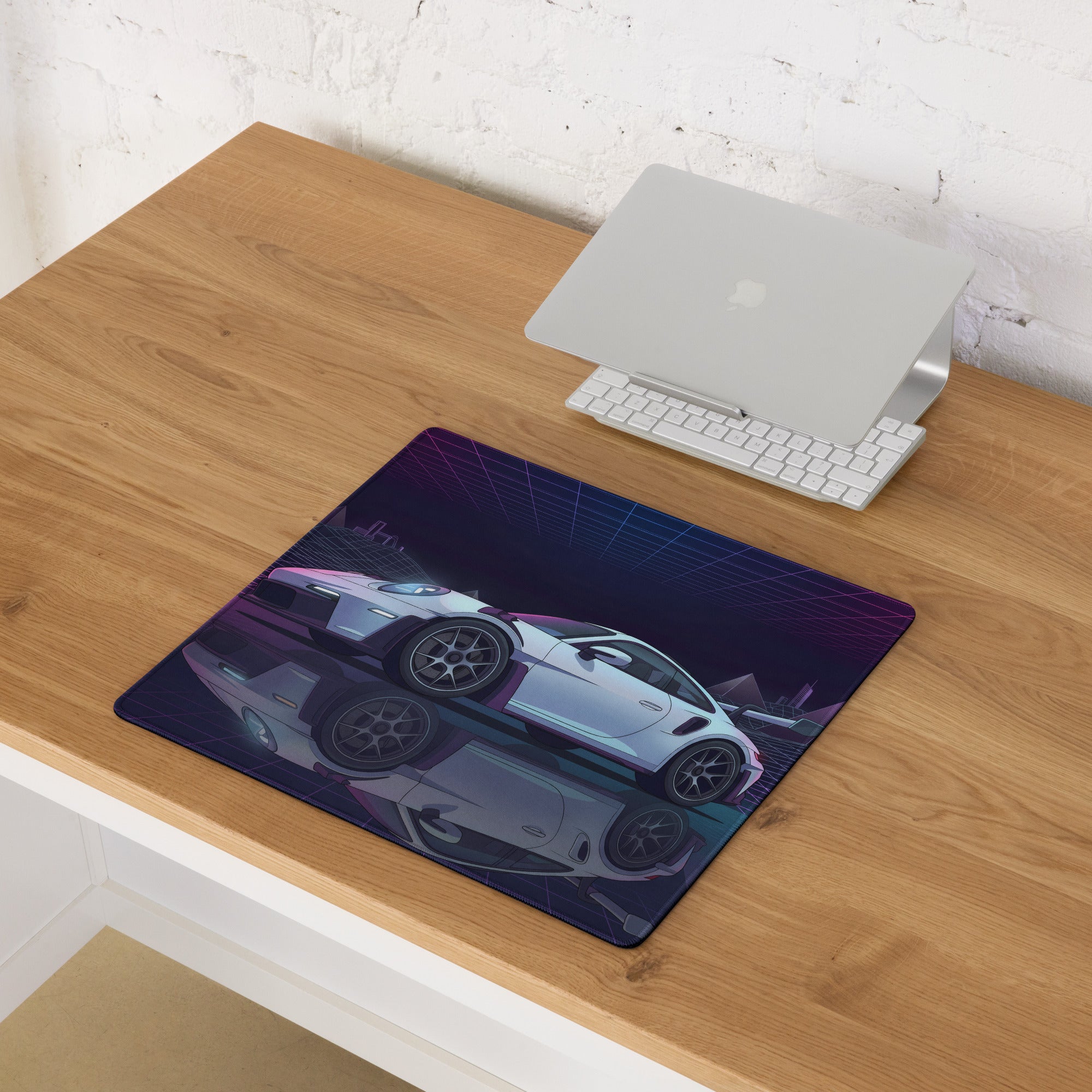 Porsche 911 GT3 RS Inspired White Vaporwave Gaming Mouse Pad – Neon Purple Grid Desk Mat with Retro Futuristic Mountains and Synthwave Racing Art