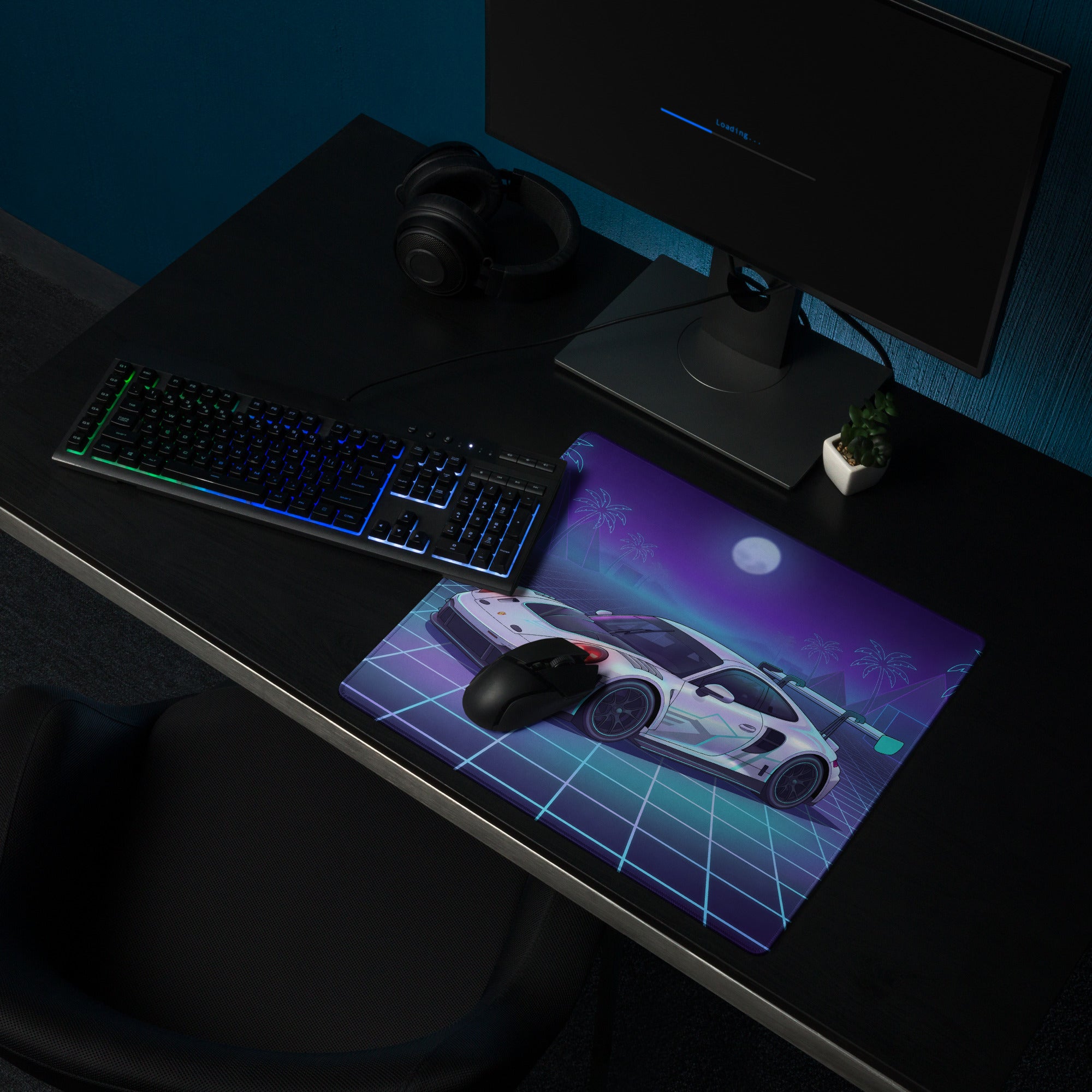 Porsche 911 GT3 R Inspired White Vaporwave Gaming Mouse Pad – Neon Cyan Purple Grid Desk Mat with Palm Trees, Moonlight and Retro Synthwave Racing Art