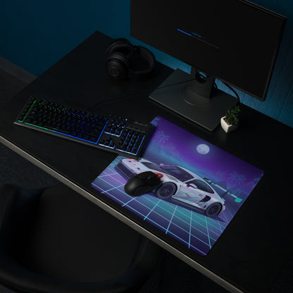 Porsche 911 GT3 R Inspired White Vaporwave Gaming Mouse Pad – Neon Cyan Purple Grid Desk Mat with Palm Trees, Moonlight and Retro Synthwave Racing Art