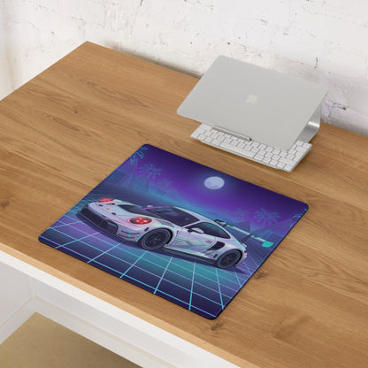 Porsche 911 GT3 R Inspired White Vaporwave Gaming Mouse Pad – Neon Cyan Purple Grid Desk Mat with Palm Trees, Moonlight and Retro Synthwave Racing Art