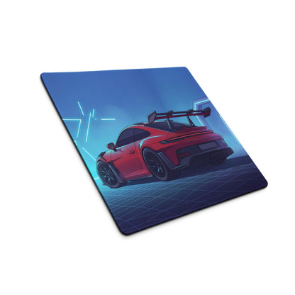 Porsche 911 GT3 RS Inspired Red Vaporwave Gaming Mouse Pad – Neon Cyan Futuristic Tunnel Desk Mat with Retro Grid, Moody Night and Synthwave Racing Art