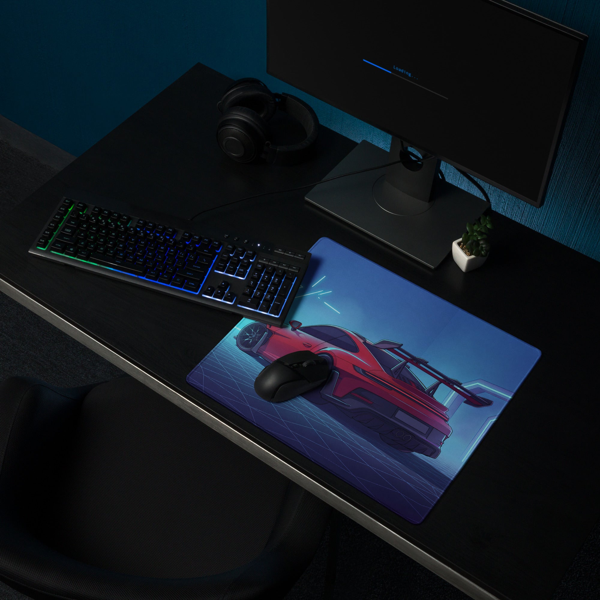 Porsche 911 GT3 RS Inspired Red Vaporwave Gaming Mouse Pad – Neon Cyan Futuristic Tunnel Desk Mat with Retro Grid, Moody Night and Synthwave Racing Art