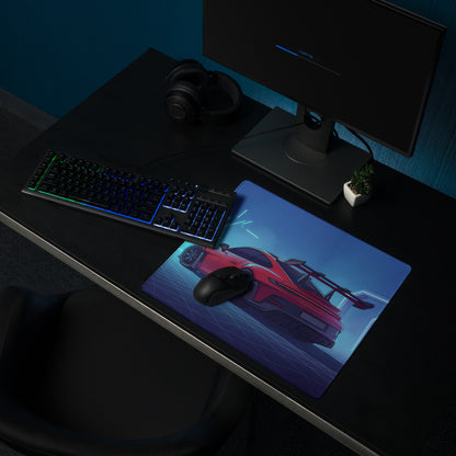 Porsche 911 GT3 RS Inspired Red Vaporwave Gaming Mouse Pad – Neon Cyan Futuristic Tunnel Desk Mat with Retro Grid, Moody Night and Synthwave Racing Art