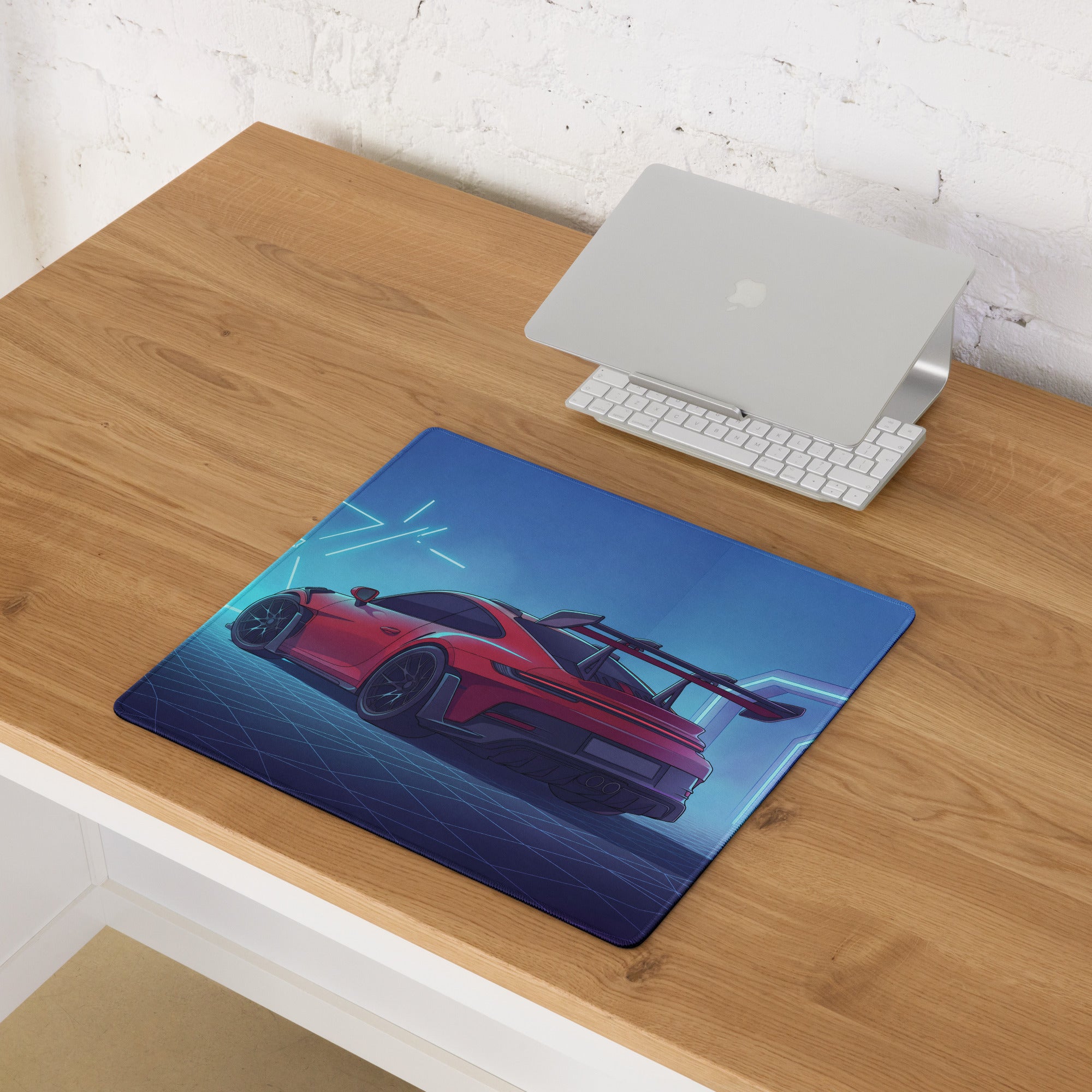 Porsche 911 GT3 RS Inspired Red Vaporwave Gaming Mouse Pad – Neon Cyan Futuristic Tunnel Desk Mat with Retro Grid, Moody Night and Synthwave Racing Art