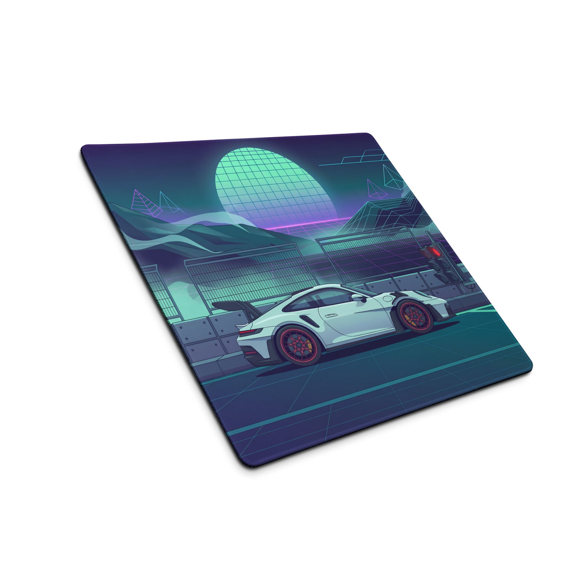 Porsche 911 GT3 RS Inspired White Vaporwave Gaming Mouse Pad – Neon Teal Racetrack Desk Mat with Retro Futuristic Mountains and Synthwave Sunset Art