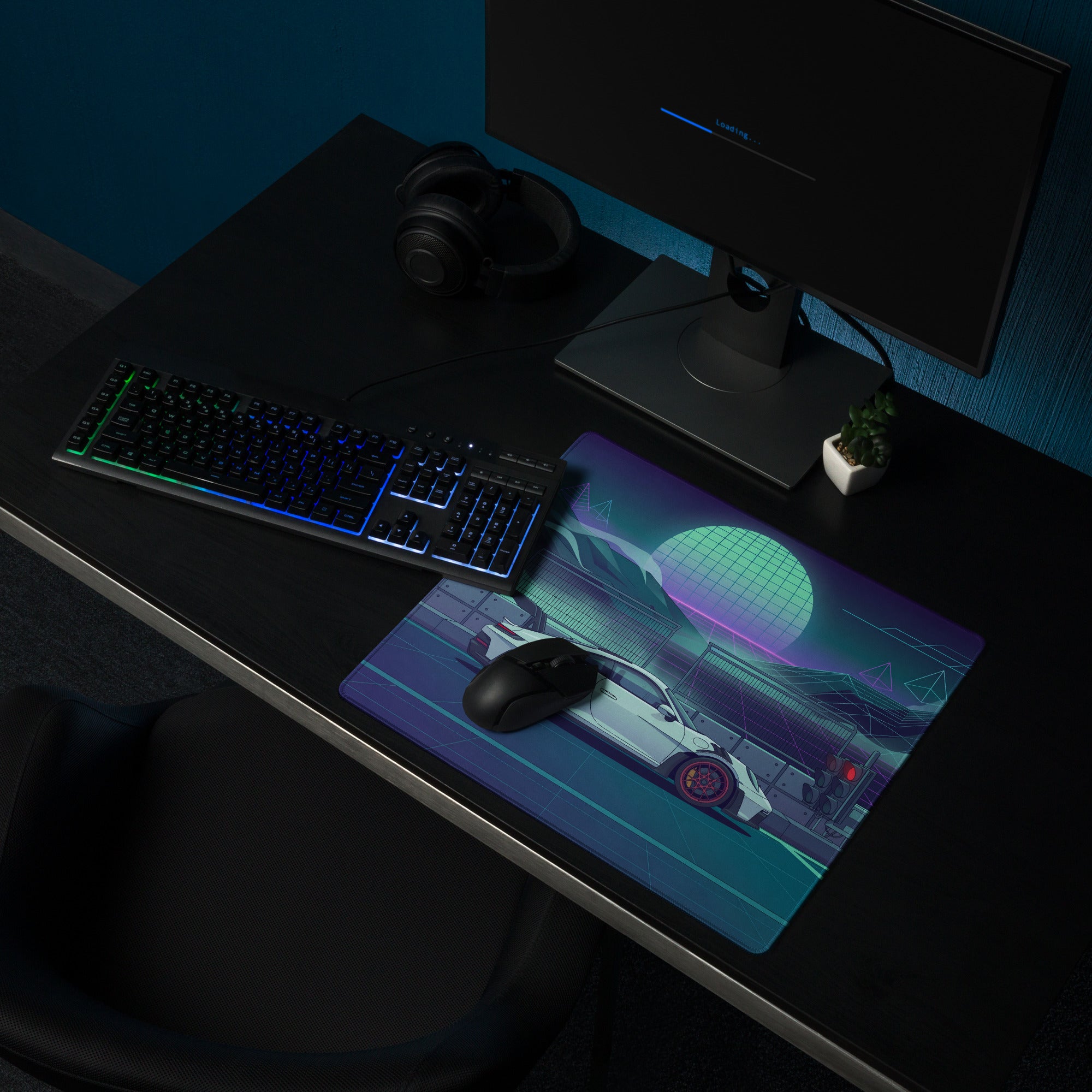 Porsche 911 GT3 RS Inspired White Vaporwave Gaming Mouse Pad – Neon Teal Racetrack Desk Mat with Retro Futuristic Mountains and Synthwave Sunset Art