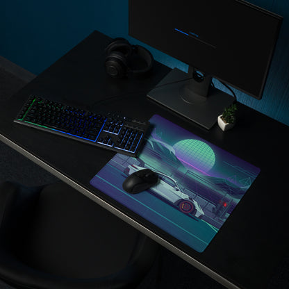 Porsche 911 GT3 RS Inspired White Vaporwave Gaming Mouse Pad – Neon Teal Racetrack Desk Mat with Retro Futuristic Mountains and Synthwave Sunset Art