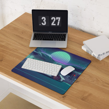 Porsche 911 GT3 RS Inspired White Vaporwave Gaming Mouse Pad – Neon Teal Racetrack Desk Mat with Retro Futuristic Mountains and Synthwave Sunset Art