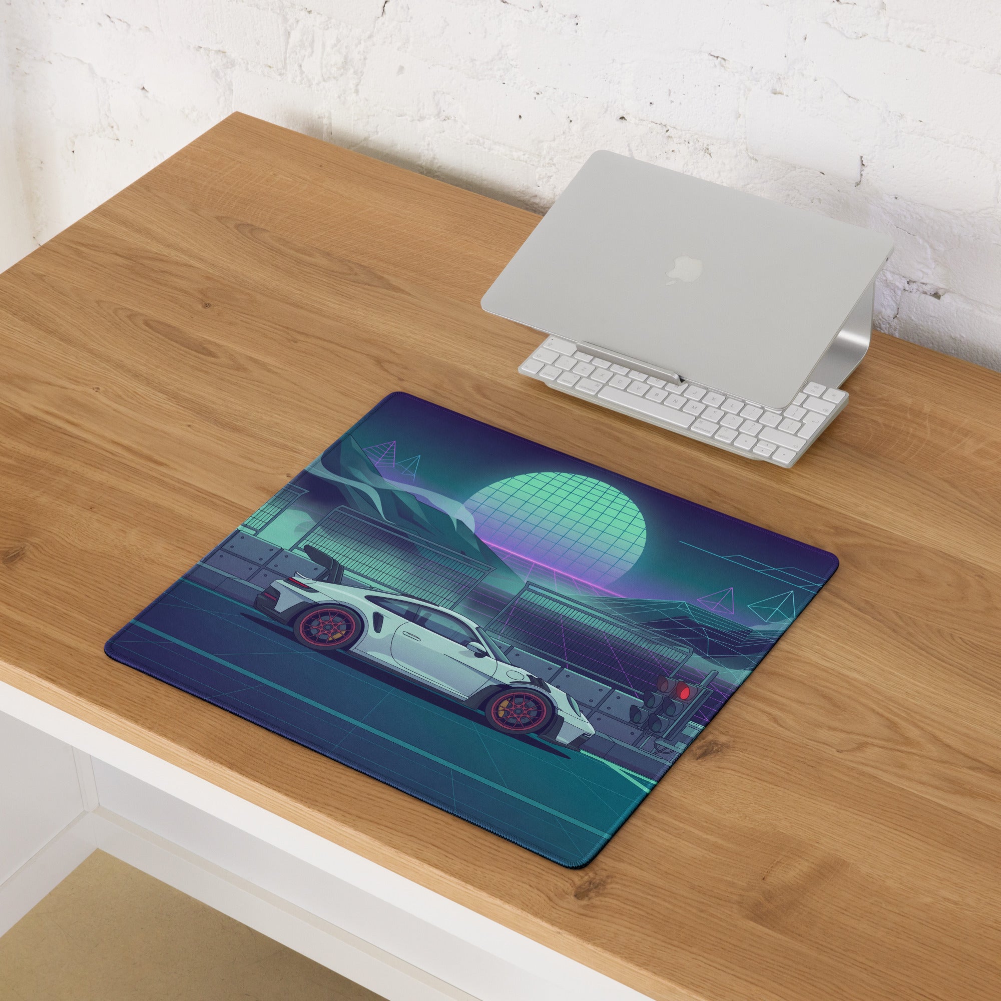 Porsche 911 GT3 RS Inspired White Vaporwave Gaming Mouse Pad – Neon Teal Racetrack Desk Mat with Retro Futuristic Mountains and Synthwave Sunset Art