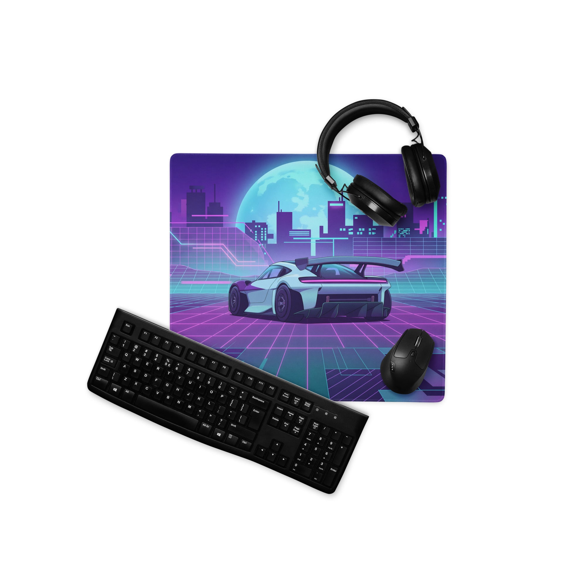 Porsche Mission R Inspired White Vaporwave Gaming Mouse Pad – Neon Pink Cyan City Grid Desk Mat with Full Moon and Retro Futuristic Synthwave Art