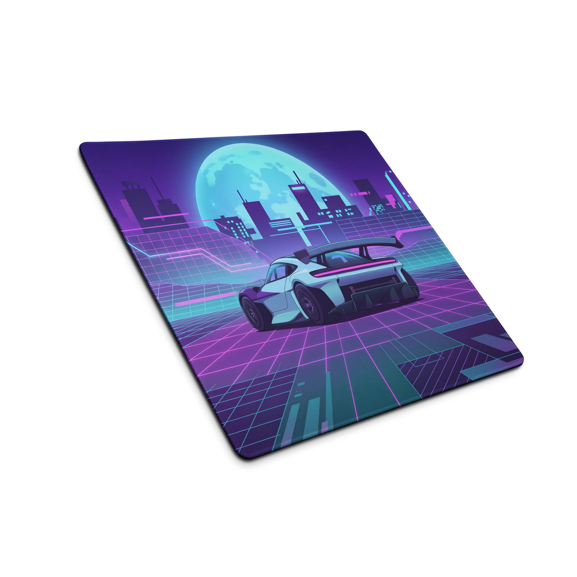 Porsche Mission R Inspired White Vaporwave Gaming Mouse Pad – Neon Pink Cyan City Grid Desk Mat with Full Moon and Retro Futuristic Synthwave Art
