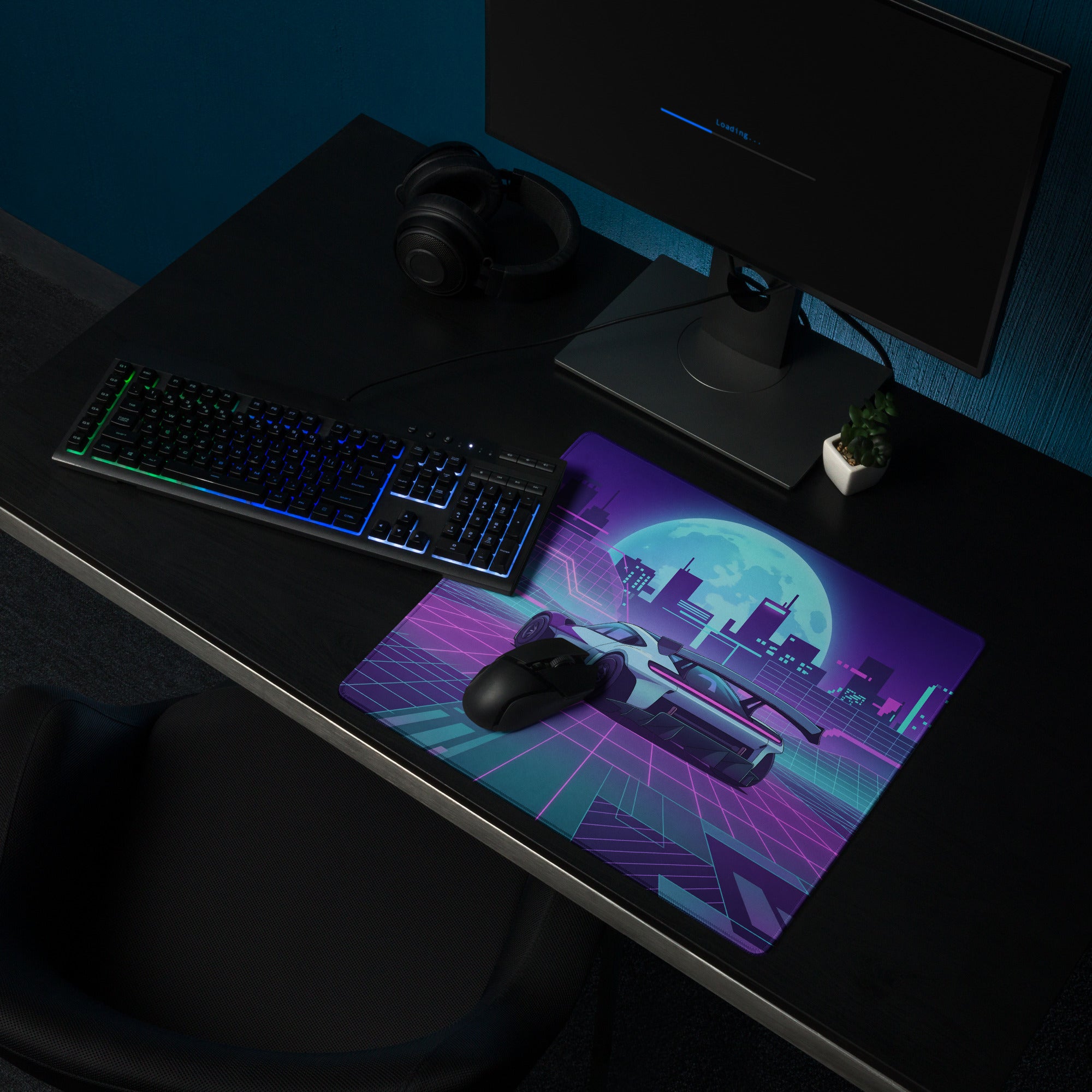 Porsche Mission R Inspired White Vaporwave Gaming Mouse Pad – Neon Pink Cyan City Grid Desk Mat with Full Moon and Retro Futuristic Synthwave Art