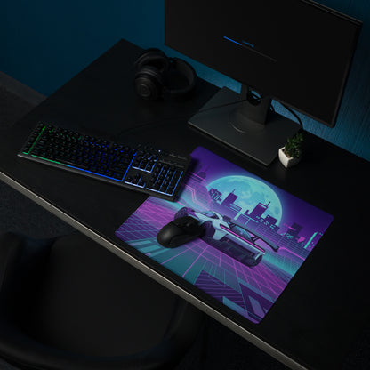 Porsche Mission R Inspired White Vaporwave Gaming Mouse Pad – Neon Pink Cyan City Grid Desk Mat with Full Moon and Retro Futuristic Synthwave Art