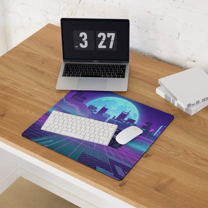 Porsche Mission R Inspired White Vaporwave Gaming Mouse Pad – Neon Pink Cyan City Grid Desk Mat with Full Moon and Retro Futuristic Synthwave Art