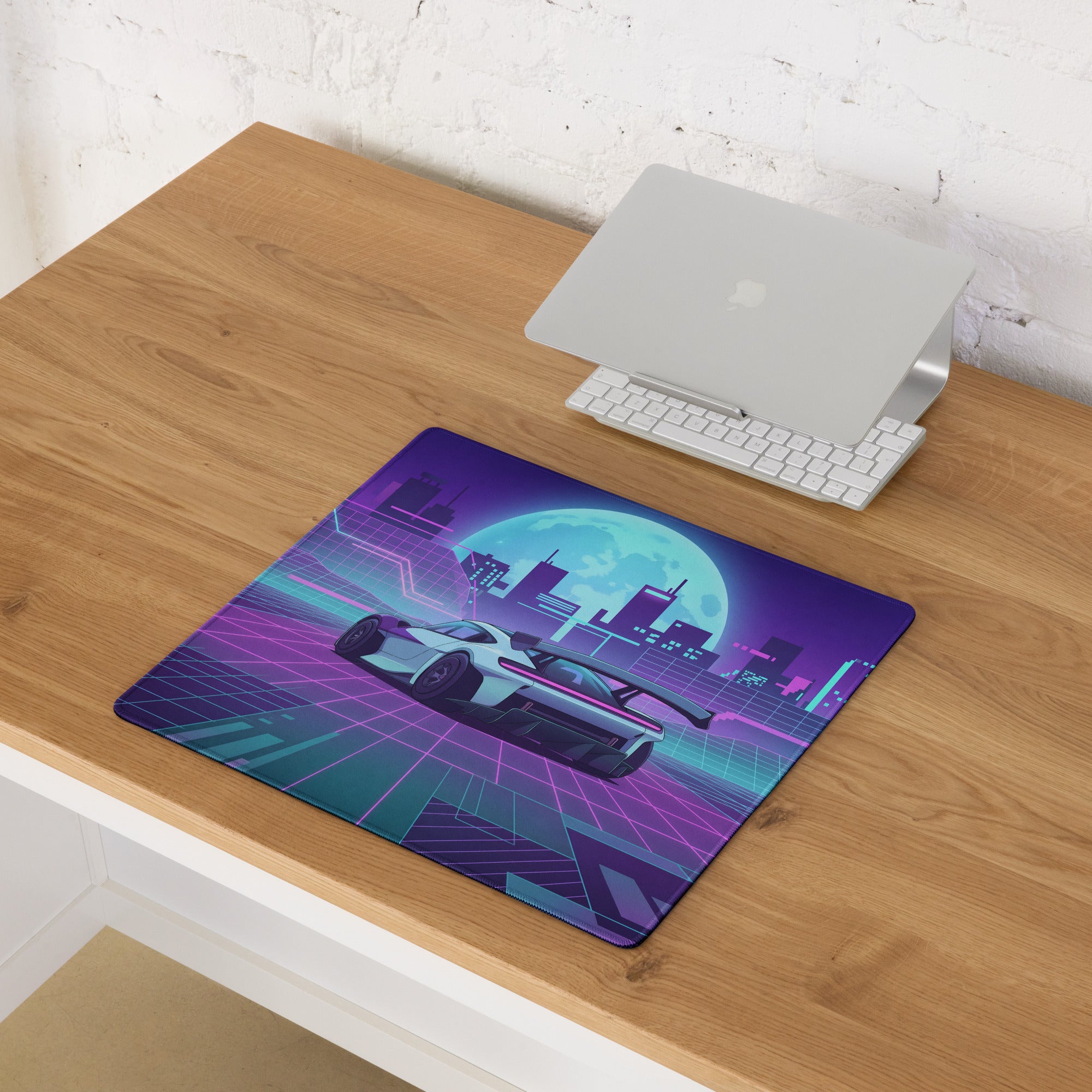 Porsche Mission R Inspired White Vaporwave Gaming Mouse Pad – Neon Pink Cyan City Grid Desk Mat with Full Moon and Retro Futuristic Synthwave Art