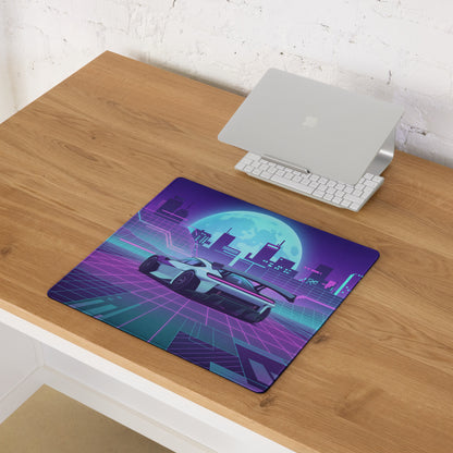 Porsche Mission R Inspired White Vaporwave Gaming Mouse Pad – Neon Pink Cyan City Grid Desk Mat with Full Moon and Retro Futuristic Synthwave Art
