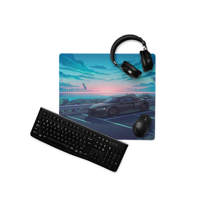 Audi R8 Inspired Matte Black Vaporwave Gaming Mouse Pad – Neon Cyan Coastal Highway Desk Mat with Dreamy Retro Futuristic Sunset and Synthwave Art