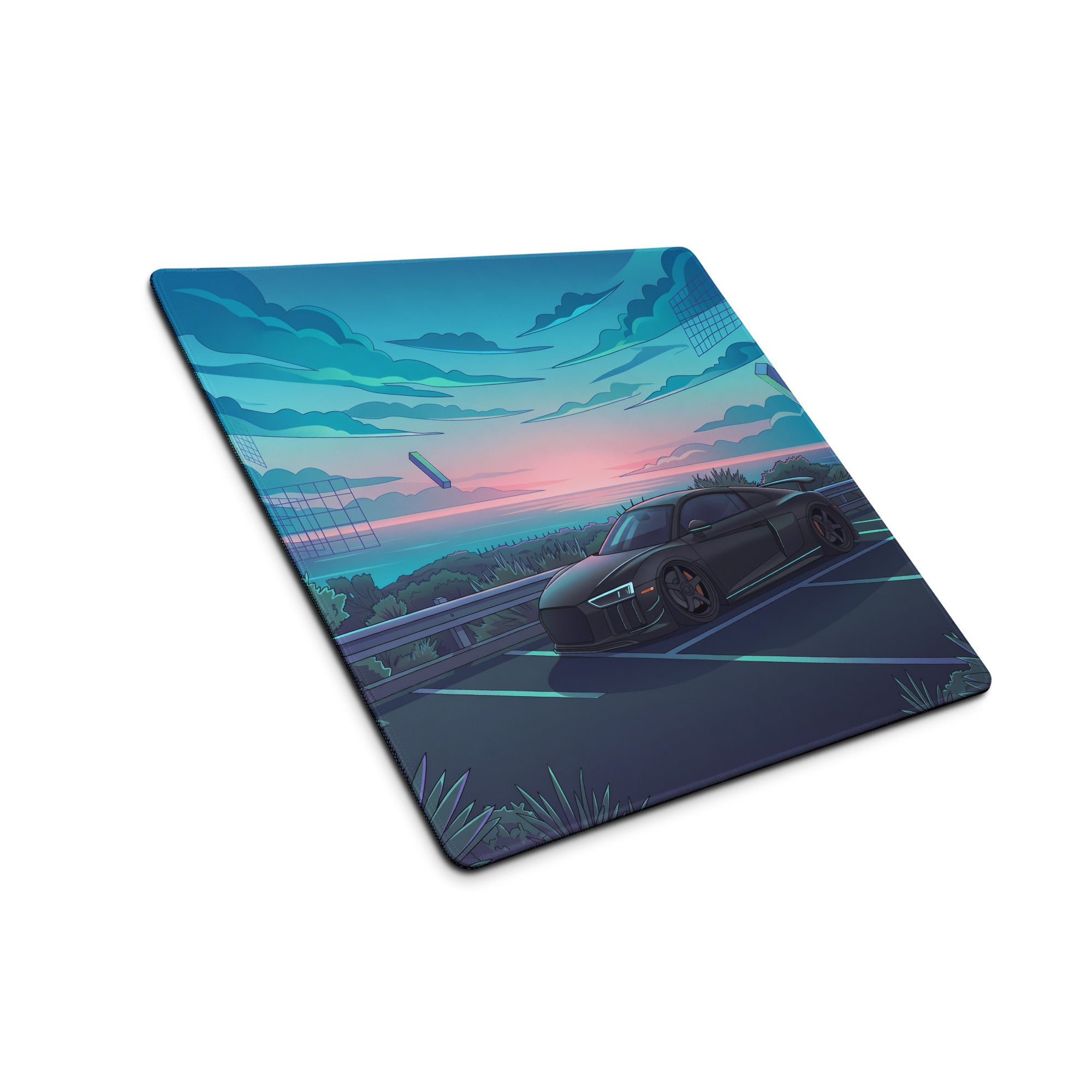 Audi R8 Inspired Matte Black Vaporwave Gaming Mouse Pad – Neon Cyan Coastal Highway Desk Mat with Dreamy Retro Futuristic Sunset and Synthwave Art