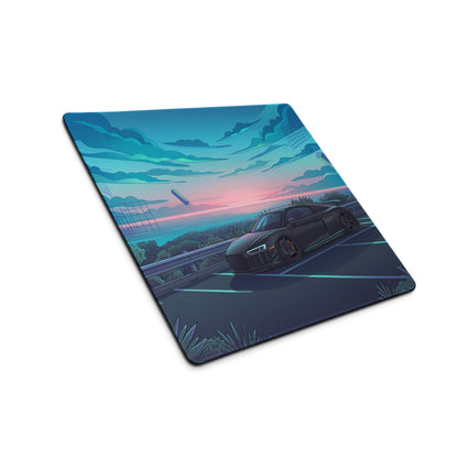 Audi R8 Inspired Matte Black Vaporwave Gaming Mouse Pad – Neon Cyan Coastal Highway Desk Mat with Dreamy Retro Futuristic Sunset and Synthwave Art