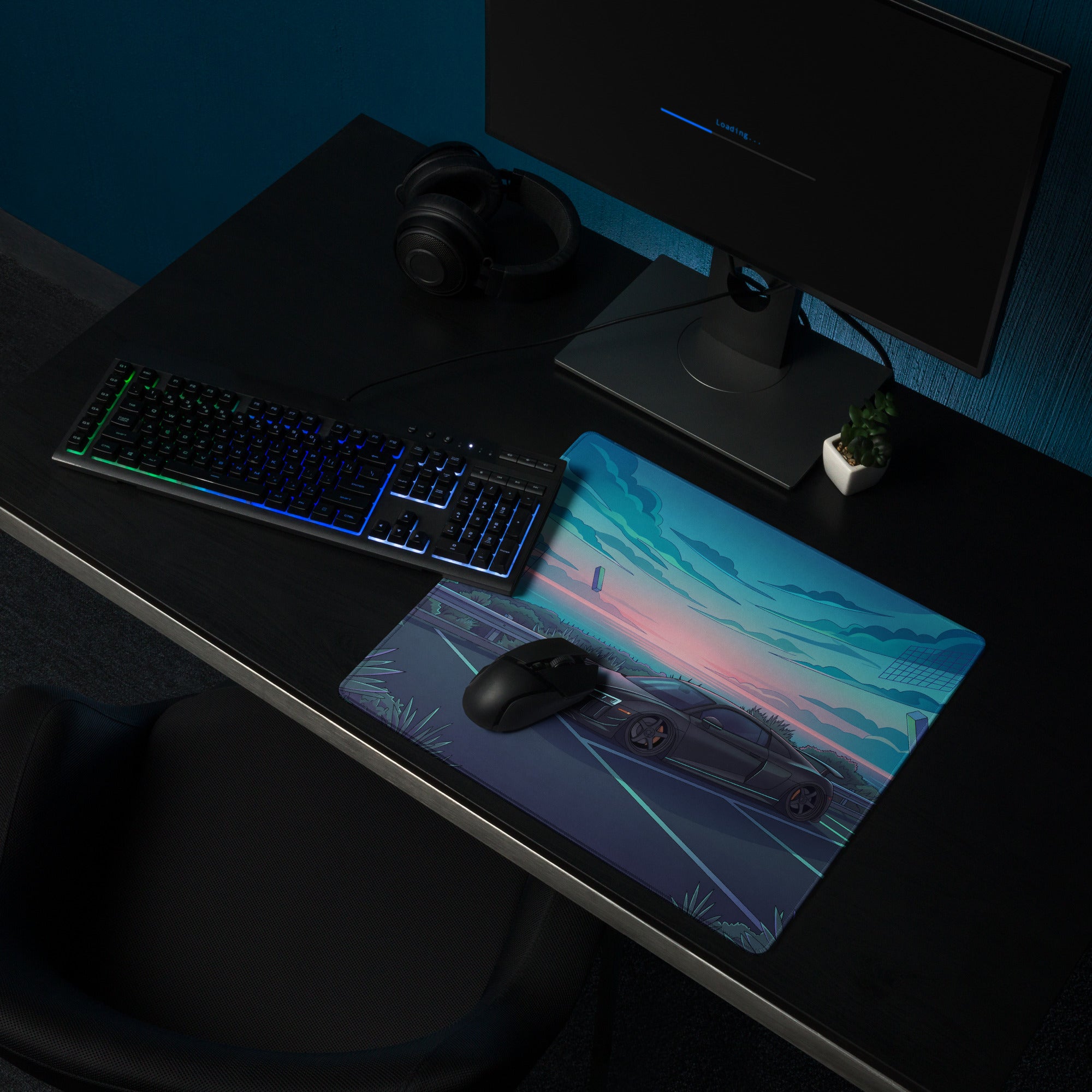 Audi R8 Inspired Matte Black Vaporwave Gaming Mouse Pad – Neon Cyan Coastal Highway Desk Mat with Dreamy Retro Futuristic Sunset and Synthwave Art