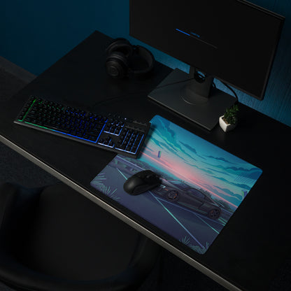 Audi R8 Inspired Matte Black Vaporwave Gaming Mouse Pad – Neon Cyan Coastal Highway Desk Mat with Dreamy Retro Futuristic Sunset and Synthwave Art