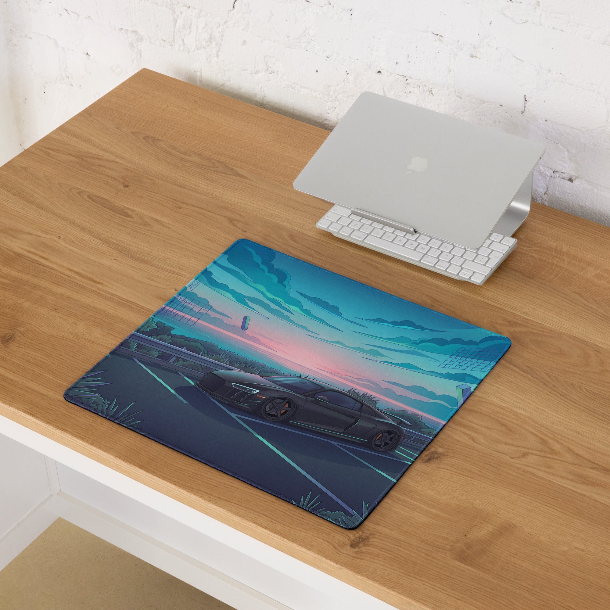 Audi R8 Inspired Matte Black Vaporwave Gaming Mouse Pad – Neon Cyan Coastal Highway Desk Mat with Dreamy Retro Futuristic Sunset and Synthwave Art
