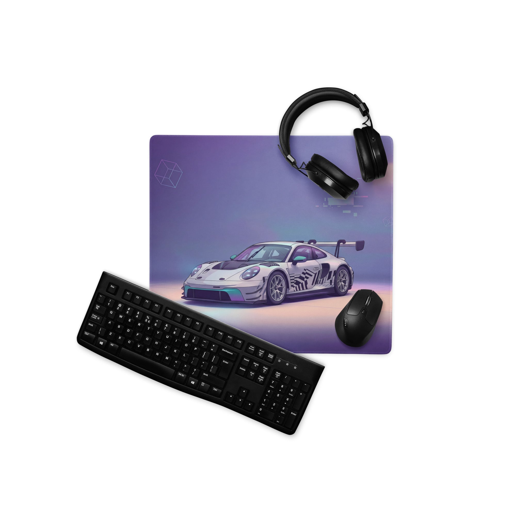 Porsche 911 GT3 R Inspired White Vaporwave Gaming Mouse Pad – Pastel Purple Futuristic Desk Mat with Abstract Glitch Art and Dreamy Synthwave Atmosphere