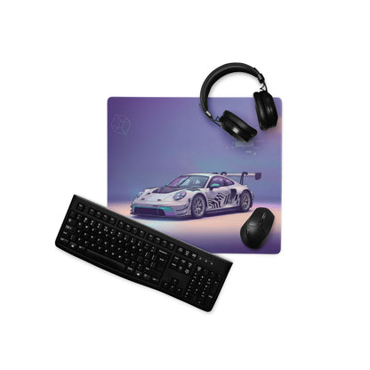 Porsche 911 GT3 R Inspired White Vaporwave Gaming Mouse Pad – Pastel Purple Futuristic Desk Mat with Abstract Glitch Art and Dreamy Synthwave Atmosphere
