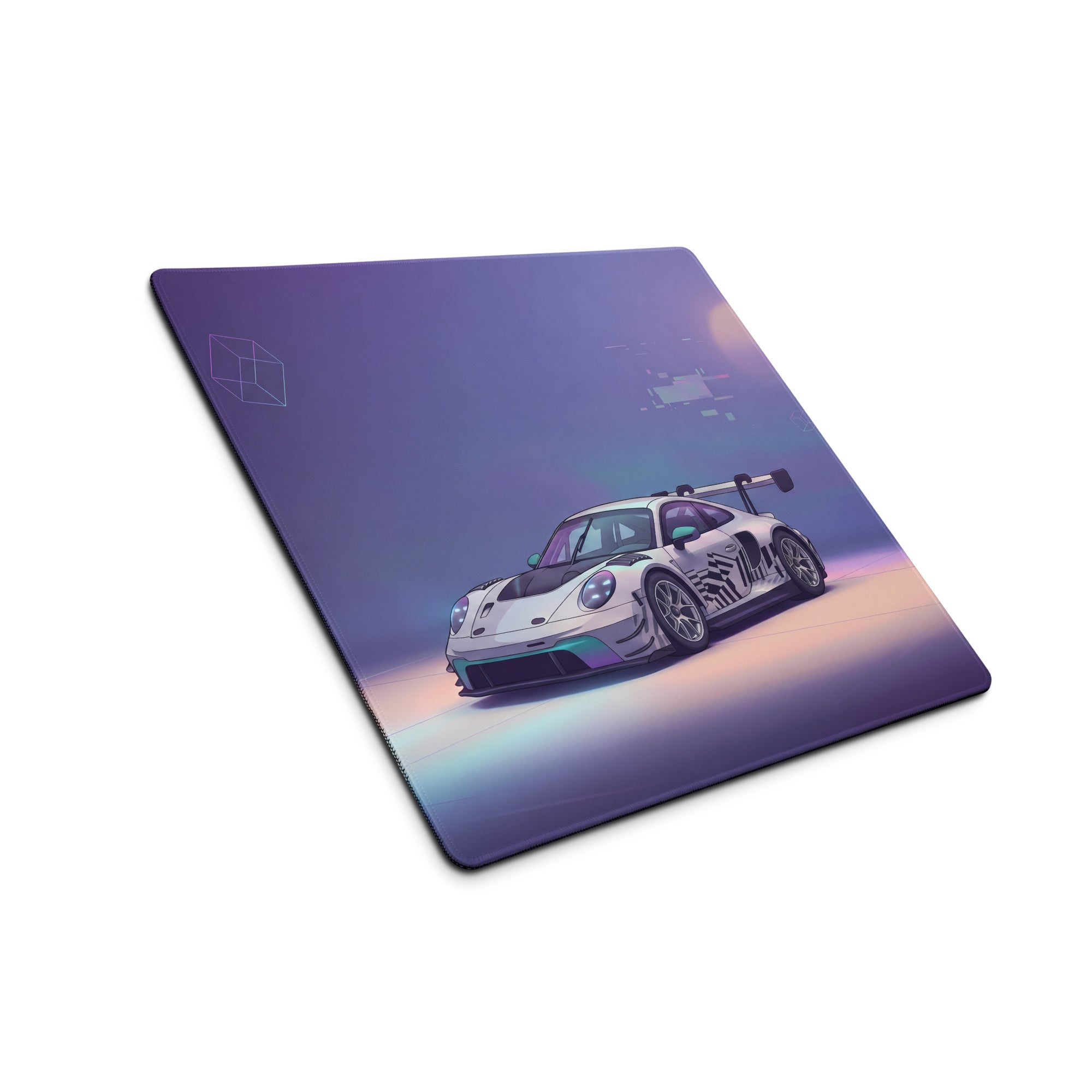 Porsche 911 GT3 R Inspired White Vaporwave Gaming Mouse Pad – Pastel Purple Futuristic Desk Mat with Abstract Glitch Art and Dreamy Synthwave Atmosphere