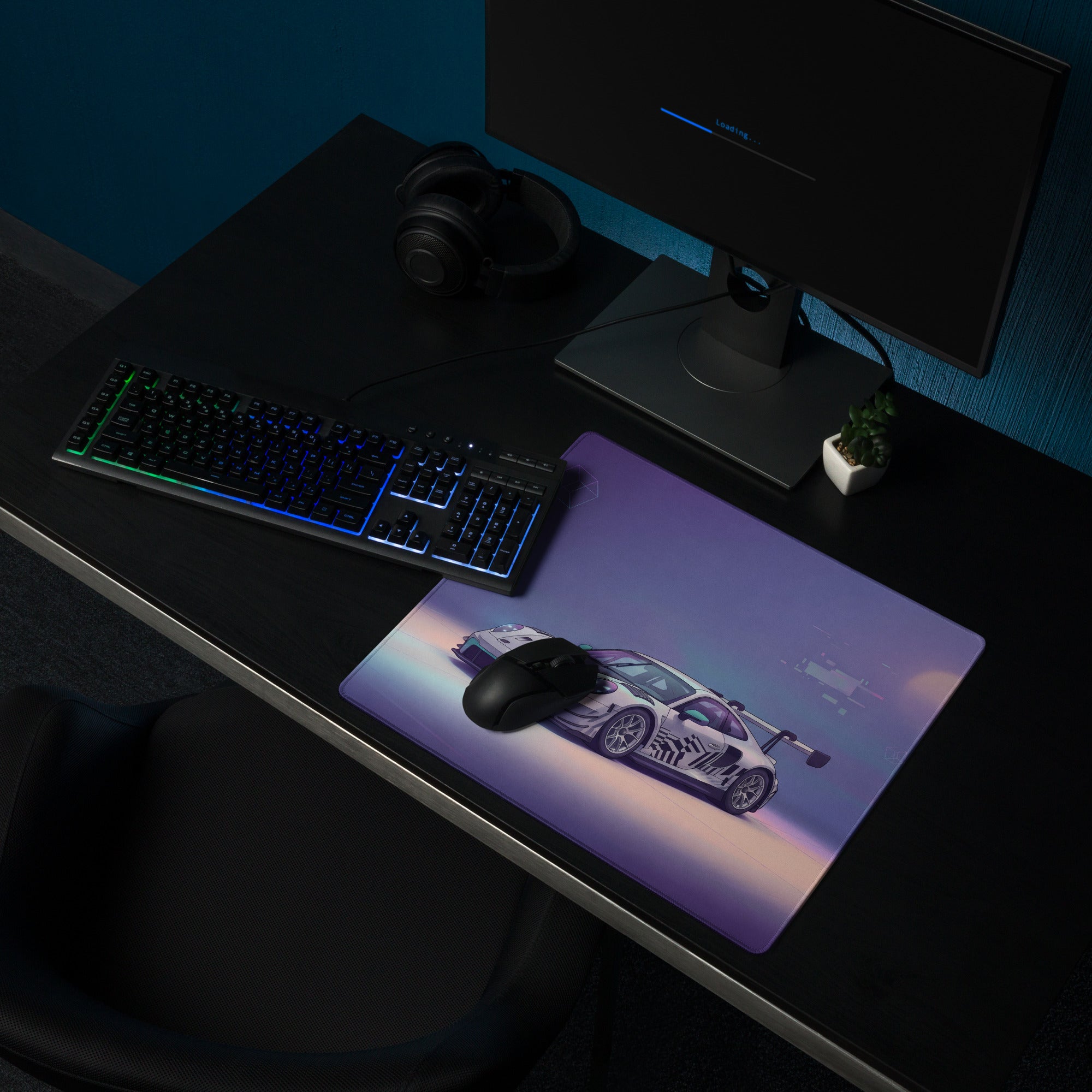 Porsche 911 GT3 R Inspired White Vaporwave Gaming Mouse Pad – Pastel Purple Futuristic Desk Mat with Abstract Glitch Art and Dreamy Synthwave Atmosphere