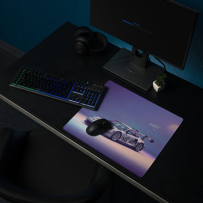 Porsche 911 GT3 R Inspired White Vaporwave Gaming Mouse Pad – Pastel Purple Futuristic Desk Mat with Abstract Glitch Art and Dreamy Synthwave Atmosphere