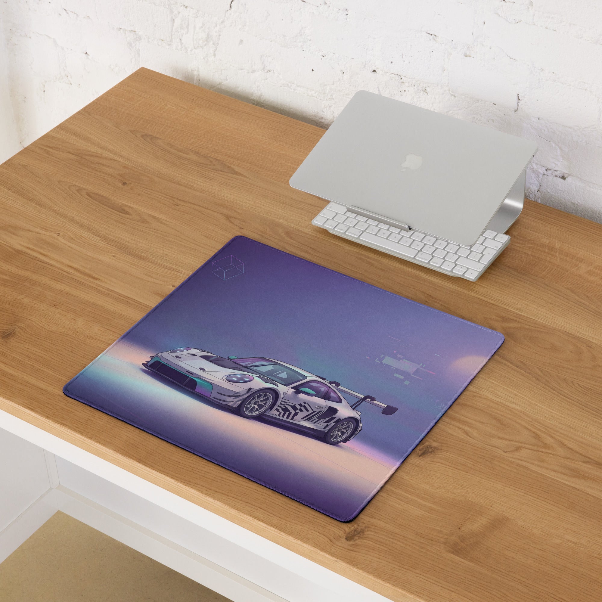 Porsche 911 GT3 R Inspired White Vaporwave Gaming Mouse Pad – Pastel Purple Futuristic Desk Mat with Abstract Glitch Art and Dreamy Synthwave Atmosphere