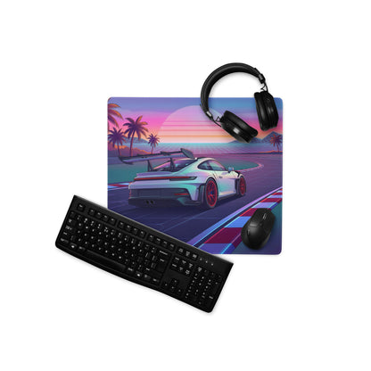 Porsche 911 GT3 RS Inspired White Red Vaporwave Gaming Mouse Pad – Tropical Sunset Racetrack Desk Mat with Palm Trees and Retro Futuristic Synthwave Art