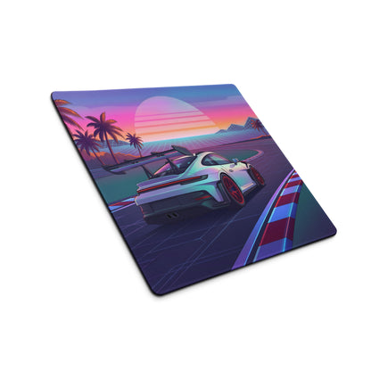 Porsche 911 GT3 RS Inspired White Red Vaporwave Gaming Mouse Pad – Tropical Sunset Racetrack Desk Mat with Palm Trees and Retro Futuristic Synthwave Art