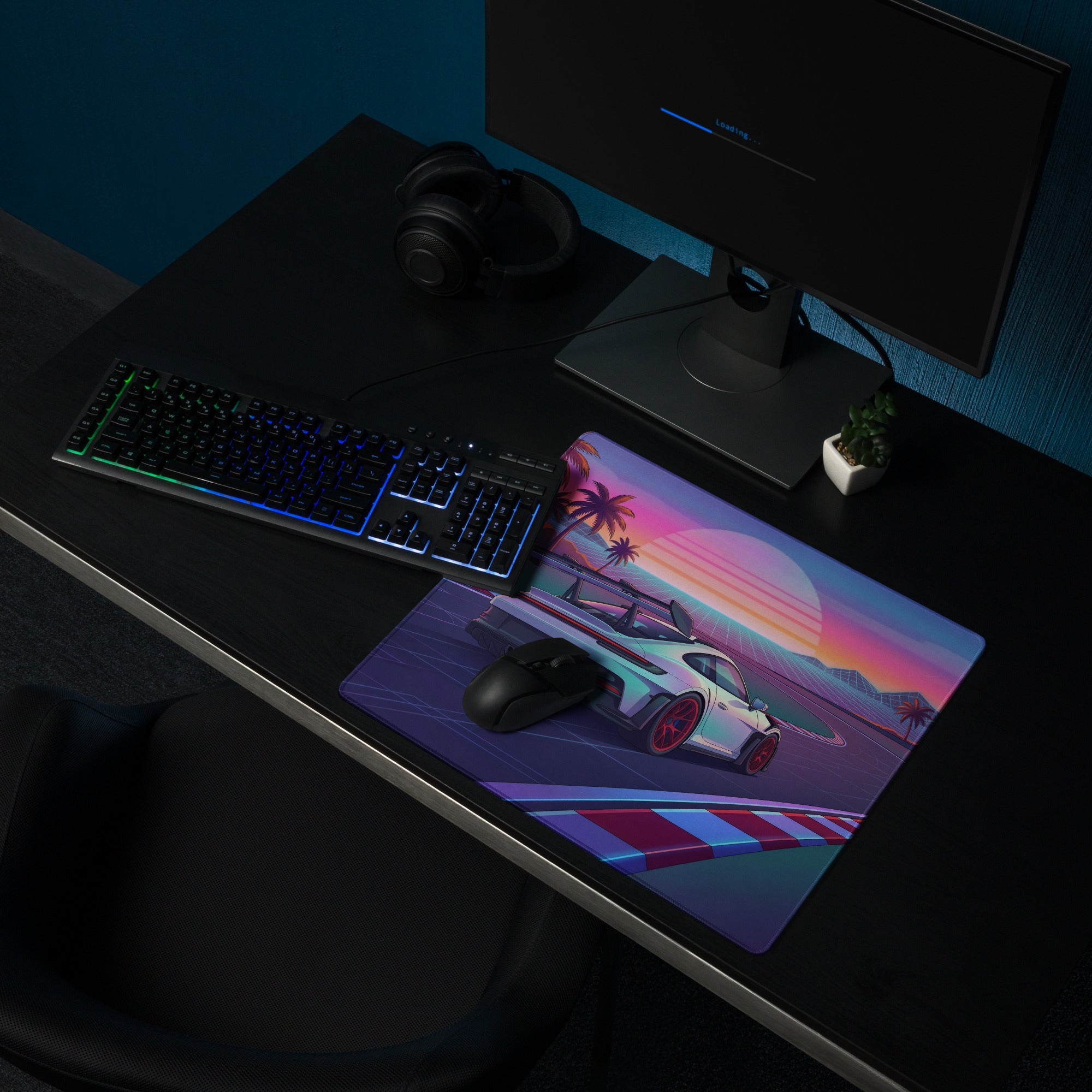 Porsche 911 GT3 RS Inspired White Red Vaporwave Gaming Mouse Pad – Tropical Sunset Racetrack Desk Mat with Palm Trees and Retro Futuristic Synthwave Art