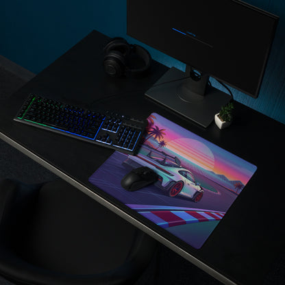 Porsche 911 GT3 RS Inspired White Red Vaporwave Gaming Mouse Pad – Tropical Sunset Racetrack Desk Mat with Palm Trees and Retro Futuristic Synthwave Art