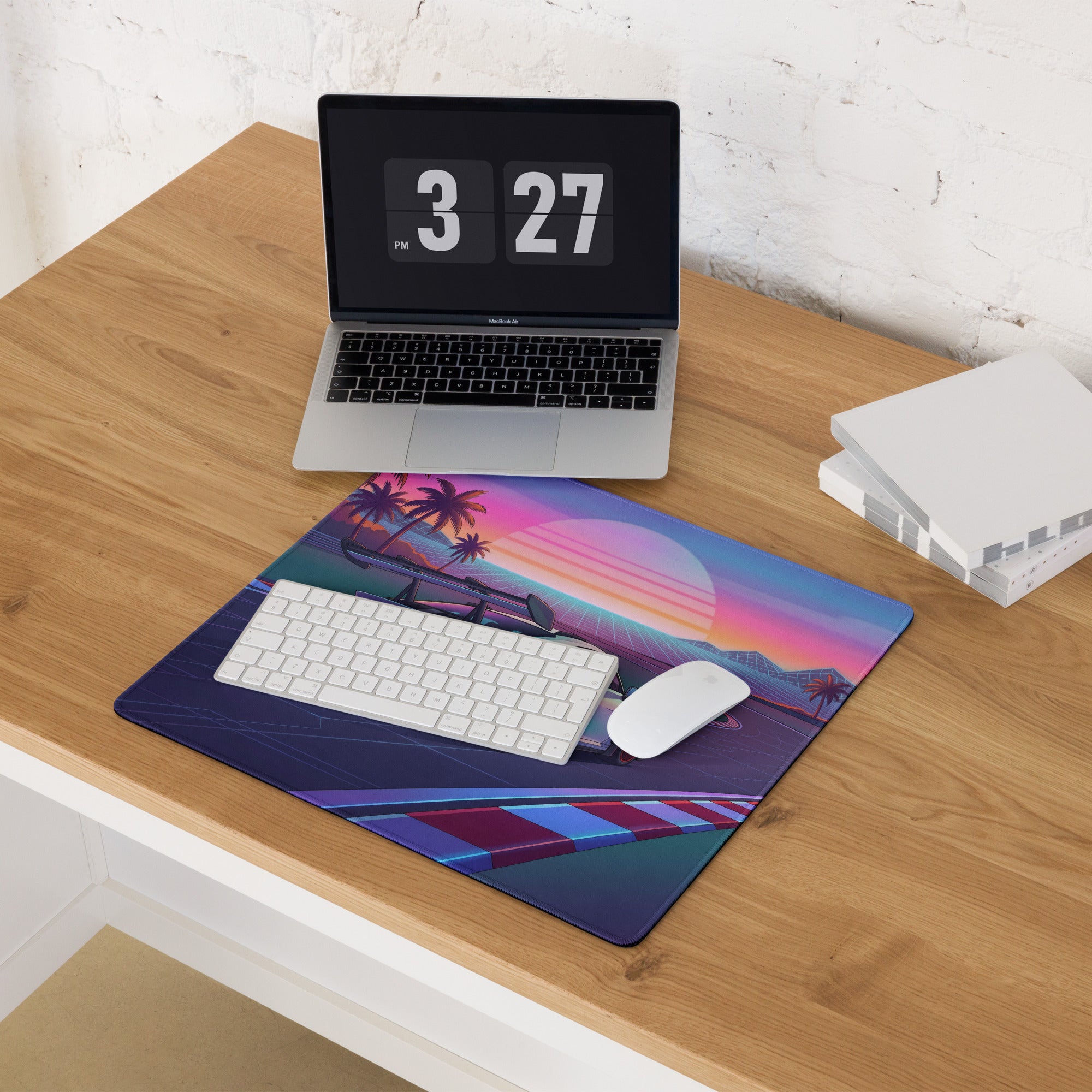 Porsche 911 GT3 RS Inspired White Red Vaporwave Gaming Mouse Pad – Tropical Sunset Racetrack Desk Mat with Palm Trees and Retro Futuristic Synthwave Art