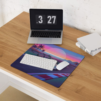 Porsche 911 GT3 RS Inspired White Red Vaporwave Gaming Mouse Pad – Tropical Sunset Racetrack Desk Mat with Palm Trees and Retro Futuristic Synthwave Art