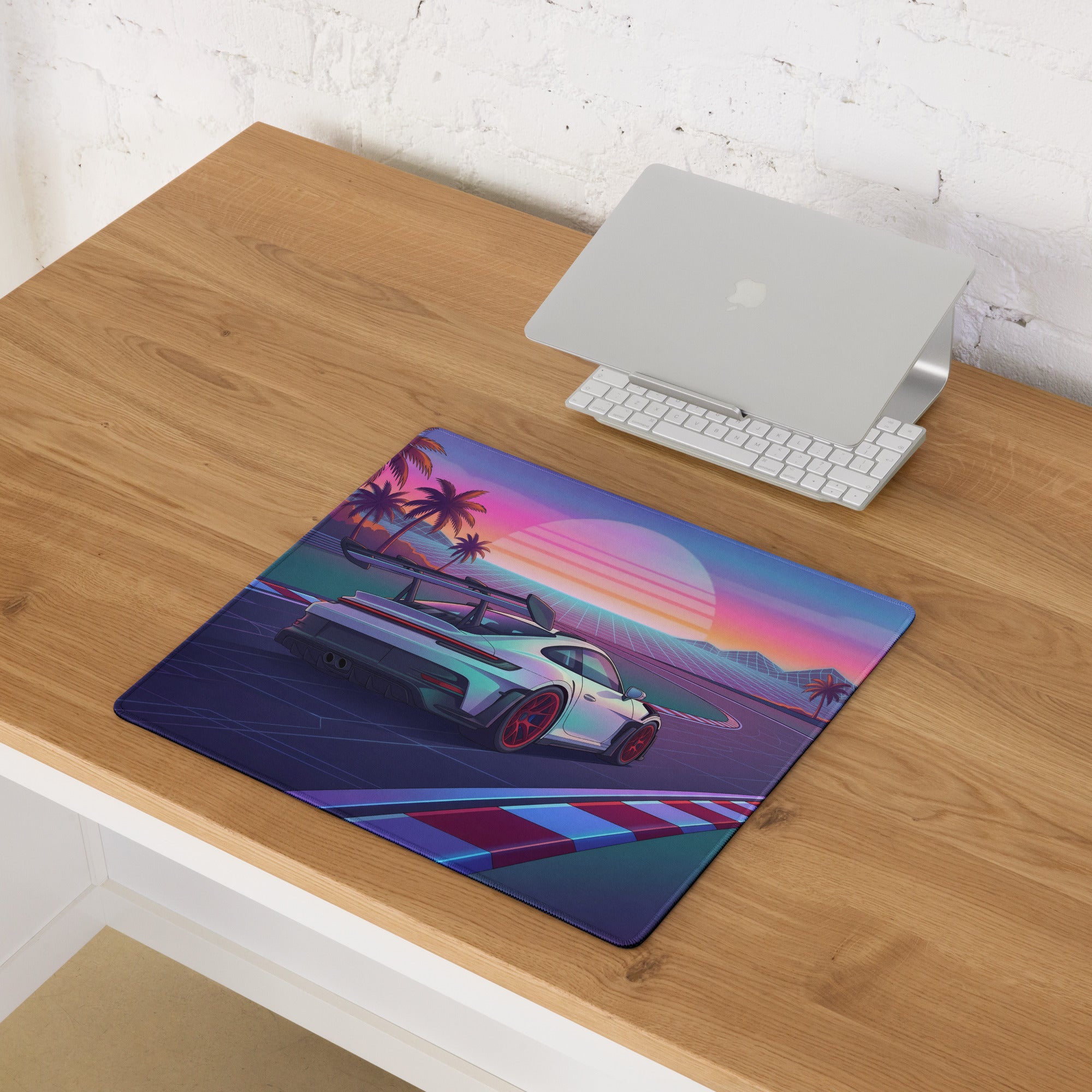 Porsche 911 GT3 RS Inspired White Red Vaporwave Gaming Mouse Pad – Tropical Sunset Racetrack Desk Mat with Palm Trees and Retro Futuristic Synthwave Art