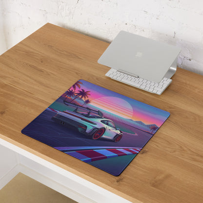Porsche 911 GT3 RS Inspired White Red Vaporwave Gaming Mouse Pad – Tropical Sunset Racetrack Desk Mat with Palm Trees and Retro Futuristic Synthwave Art