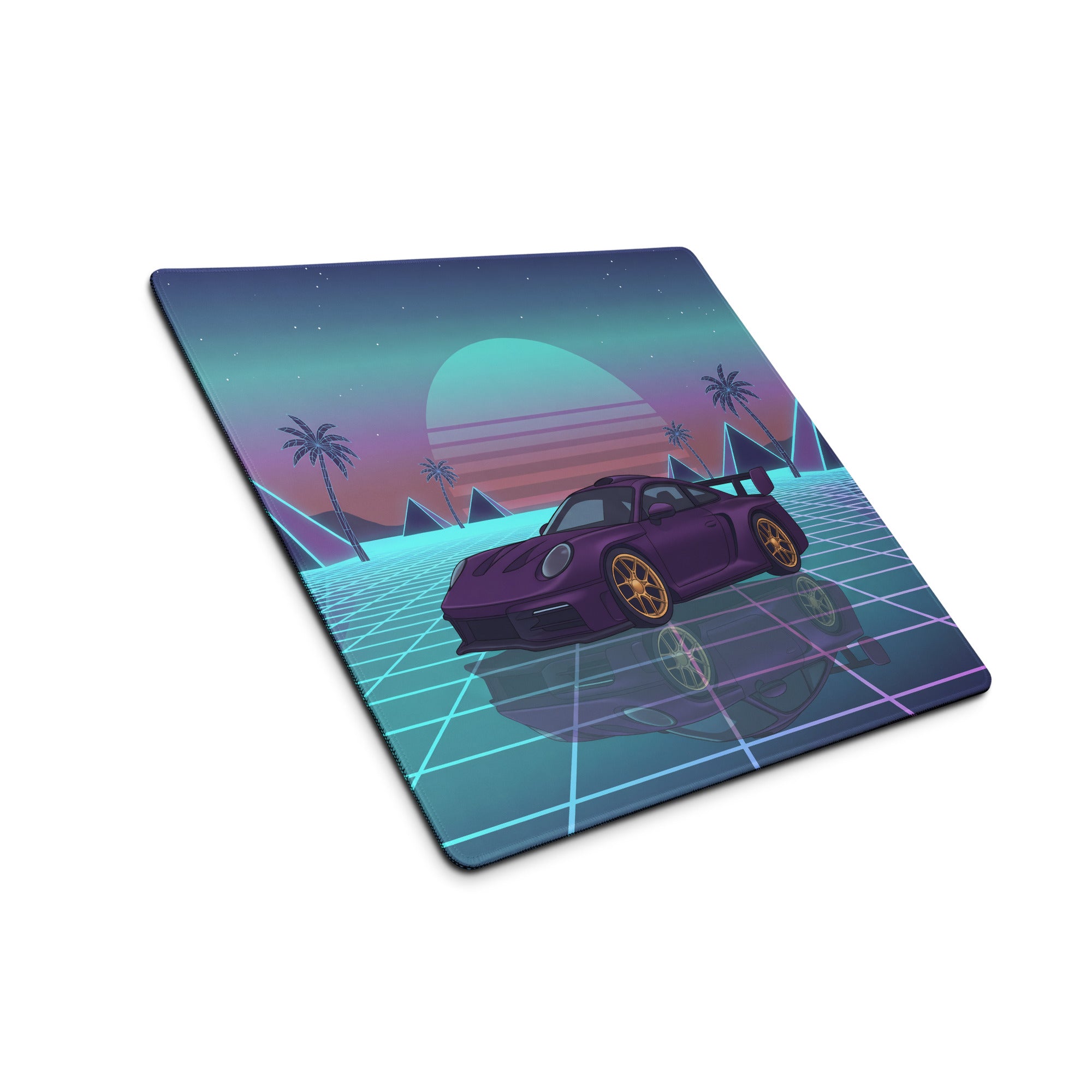 Porsche 911 GT3 Inspired Purple Vaporwave Gaming Mouse Pad – Neon Cyan Pink Grid Desk Mat with Palm Trees, Pyramids and Retro Synthwave Sunset Art