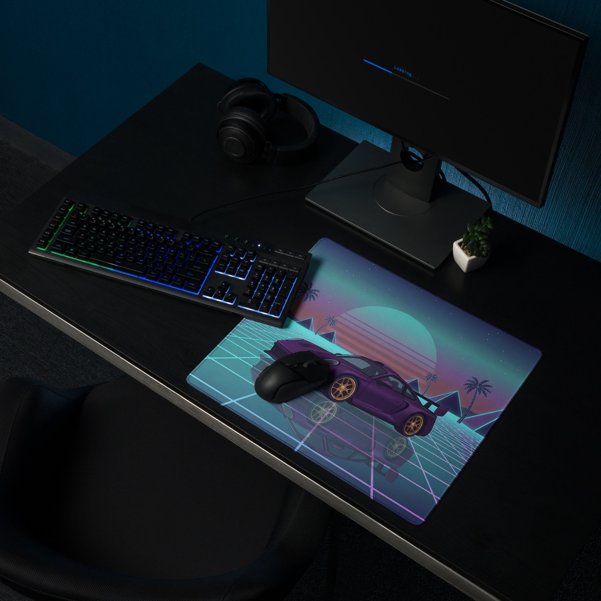 Porsche 911 GT3 Inspired Purple Vaporwave Gaming Mouse Pad – Neon Cyan Pink Grid Desk Mat with Palm Trees, Pyramids and Retro Synthwave Sunset Art