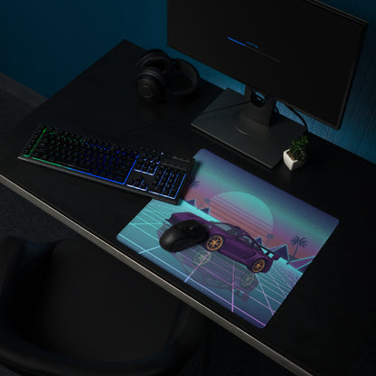 Porsche 911 GT3 Inspired Purple Vaporwave Gaming Mouse Pad – Neon Cyan Pink Grid Desk Mat with Palm Trees, Pyramids and Retro Synthwave Sunset Art