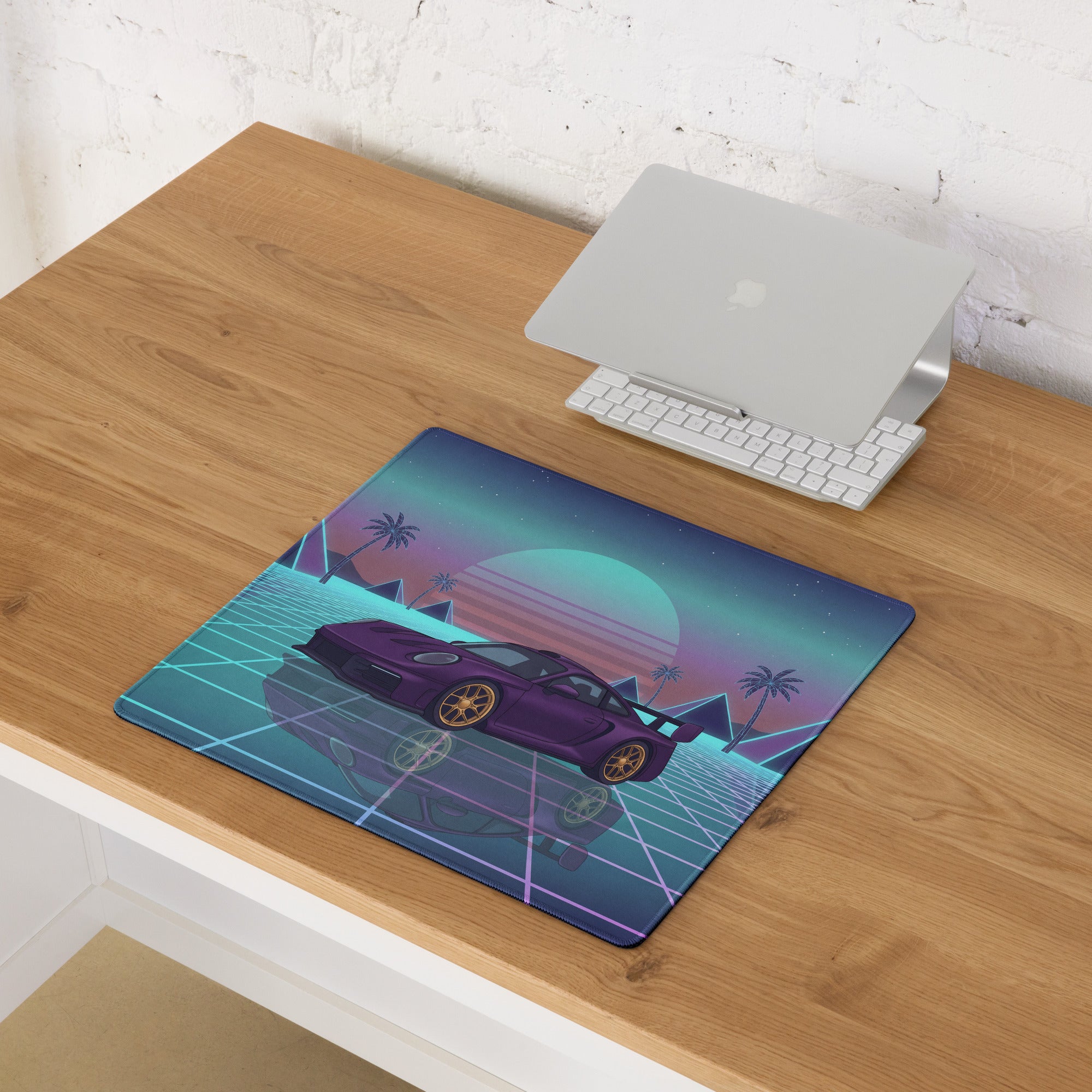 Porsche 911 GT3 Inspired Purple Vaporwave Gaming Mouse Pad – Neon Cyan Pink Grid Desk Mat with Palm Trees, Pyramids and Retro Synthwave Sunset Art