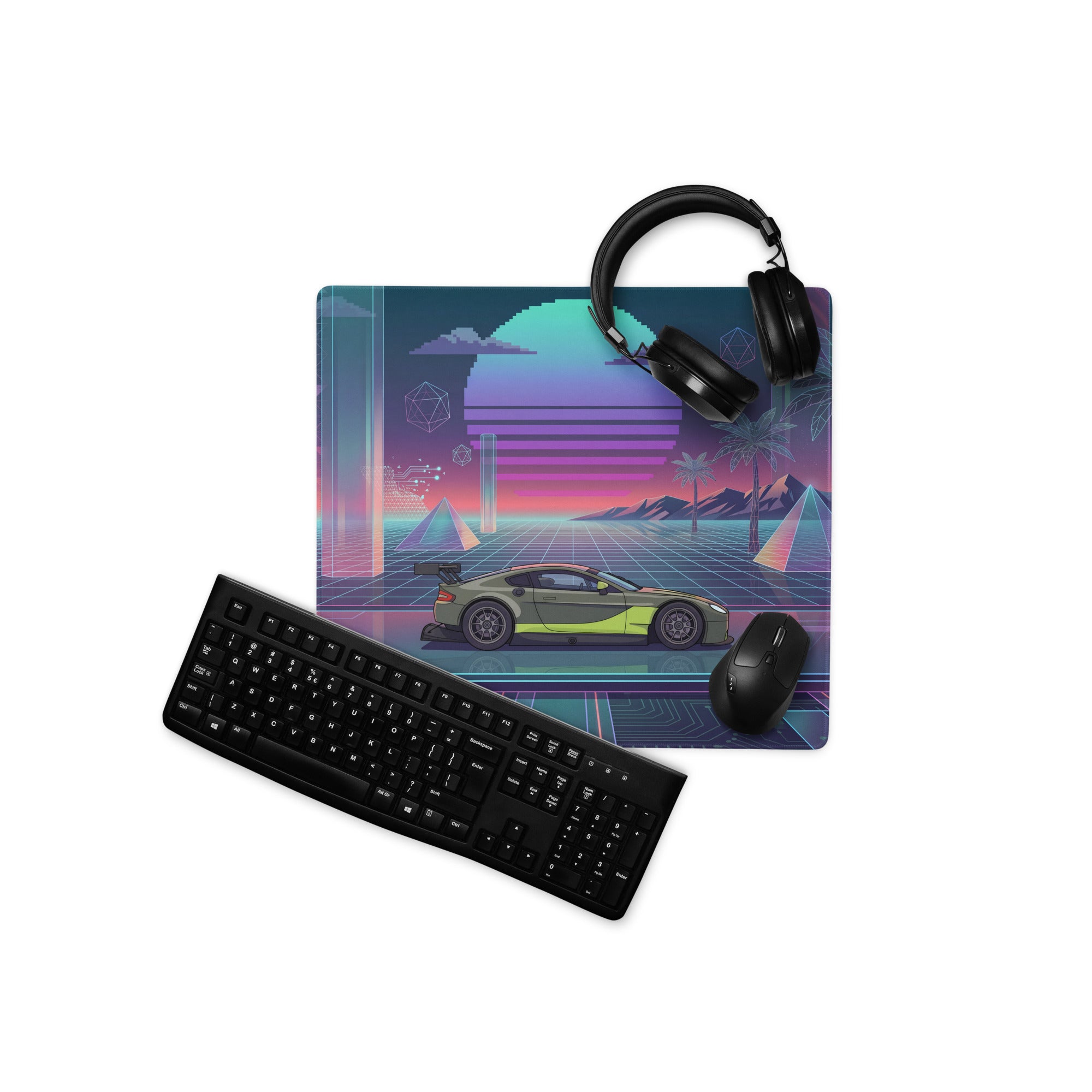 Aston Martin Vantage GT3 Inspired Olive Green Vaporwave Gaming Mouse Pad – Neon Retro Futuristic Grid Desk Mat with Palm Trees and Synthwave Sunset Art