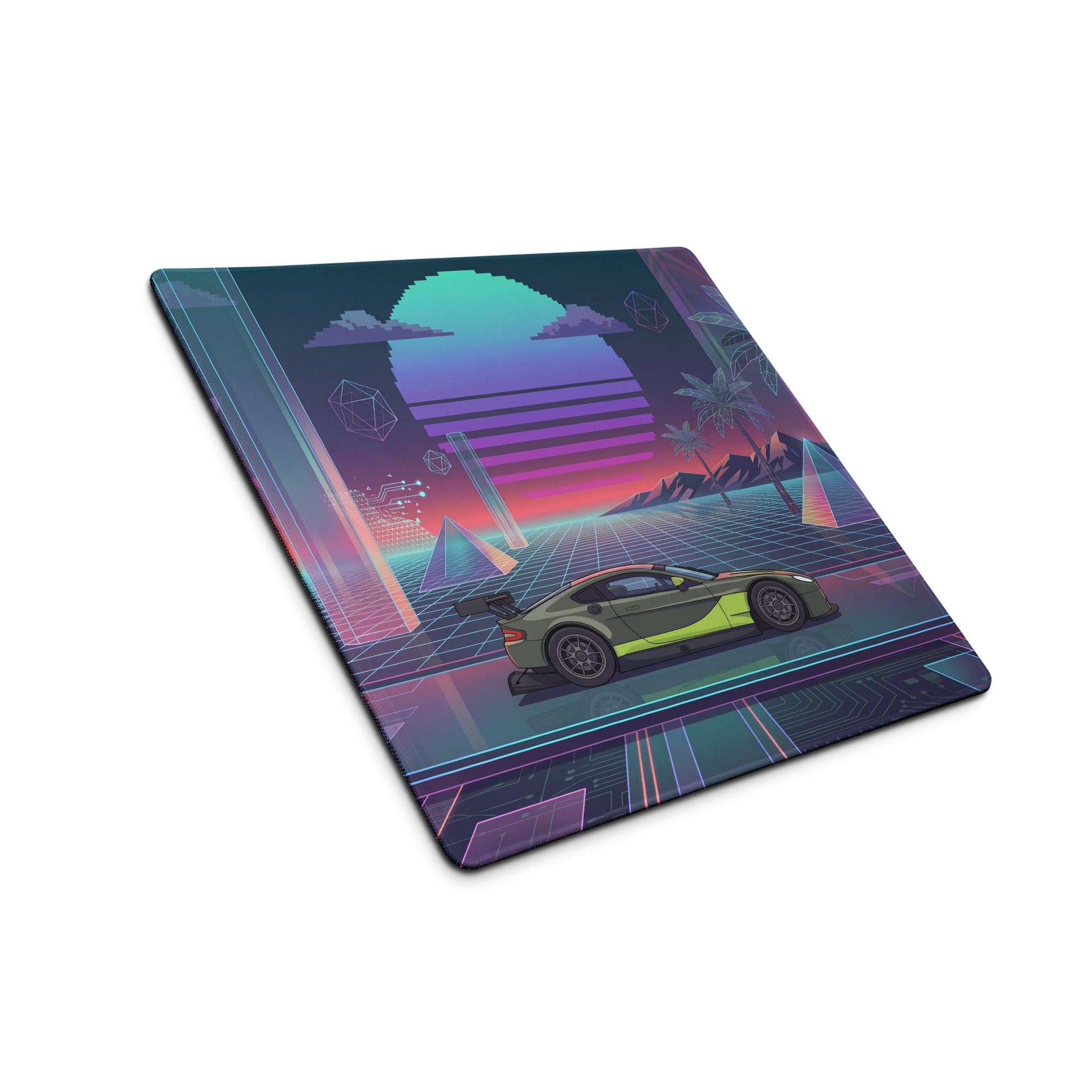 Aston Martin Vantage GT3 Inspired Olive Green Vaporwave Gaming Mouse Pad – Neon Retro Futuristic Grid Desk Mat with Palm Trees and Synthwave Sunset Art