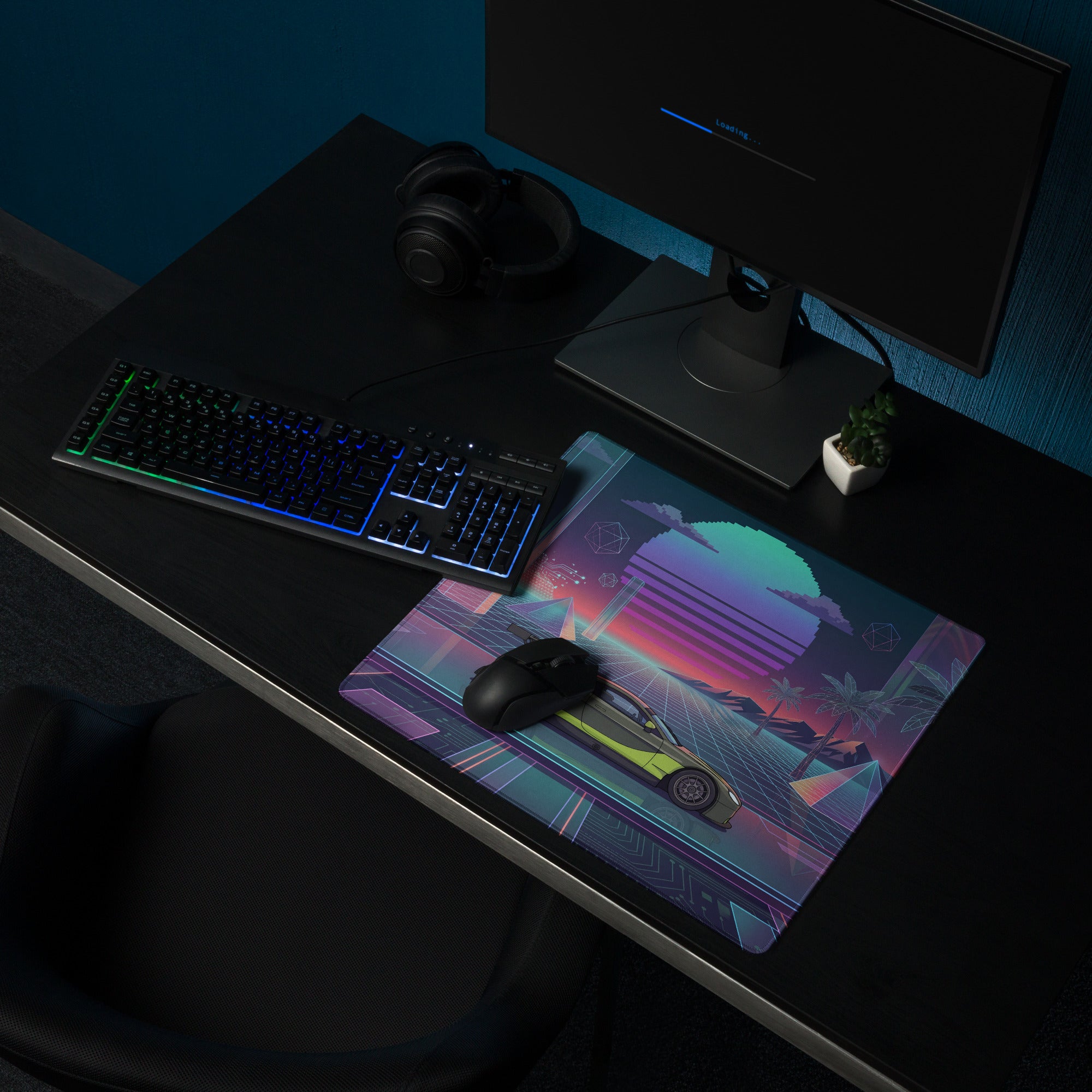 Aston Martin Vantage GT3 Inspired Olive Green Vaporwave Gaming Mouse Pad – Neon Retro Futuristic Grid Desk Mat with Palm Trees and Synthwave Sunset Art