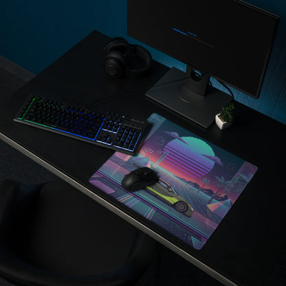Aston Martin Vantage GT3 Inspired Olive Green Vaporwave Gaming Mouse Pad – Neon Retro Futuristic Grid Desk Mat with Palm Trees and Synthwave Sunset Art